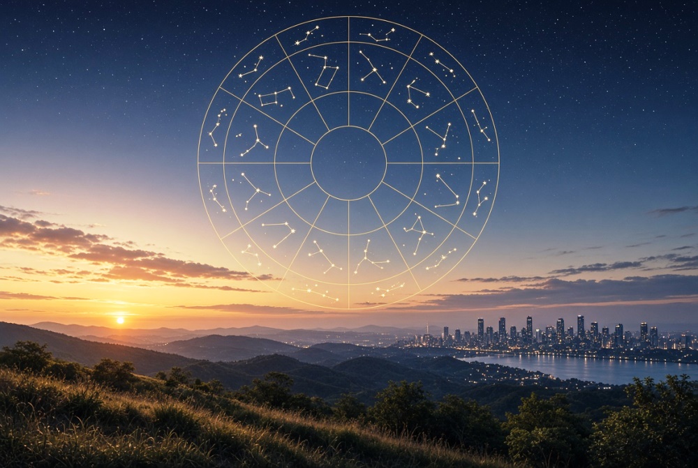 Doğum haritası çemberi ve 12 ev bölümleriyle kozmik gökyüzü manzarası, astrolojide evlerin anlamını yansıtan gerçekçi görsel