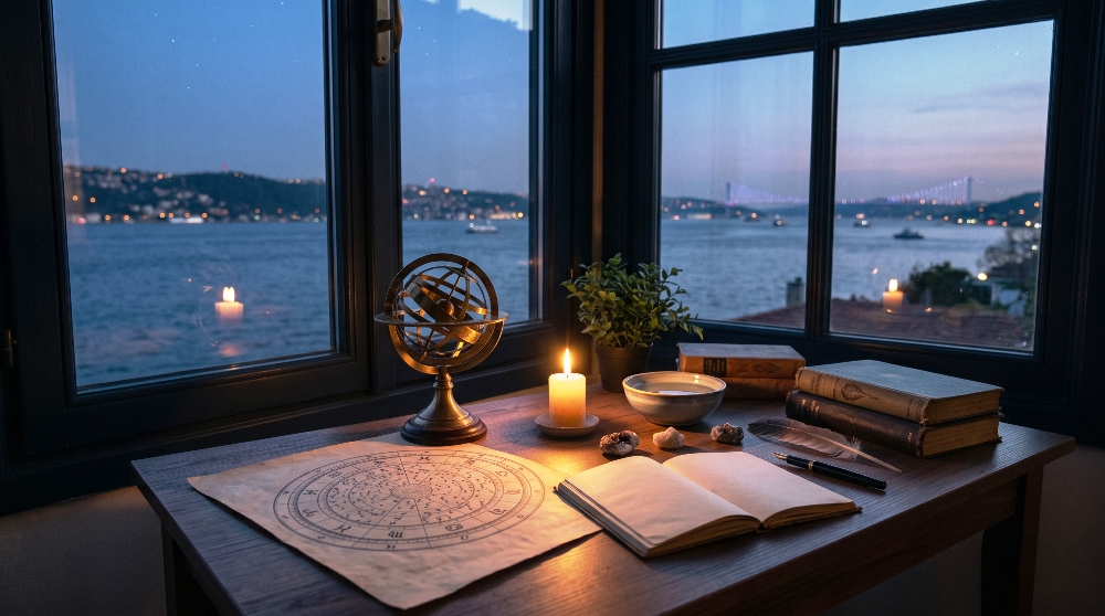 Astroloji elementleri ve doğum haritasını temsil eden, mum ışığıyla aydınlanan yıldız haritalı çalışma masası.