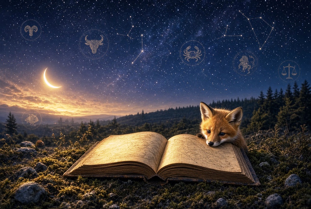 Astrolojiye yeni başlayanlar için açık bir kitap ve yıldızlı gökyüzü eşliğinde kozmik ilk adımlar manzarası