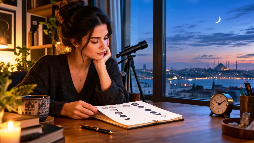 Ay takvimi ve Ay döngülerini inceleyen kişinin çalışma masasında astroloji notları
