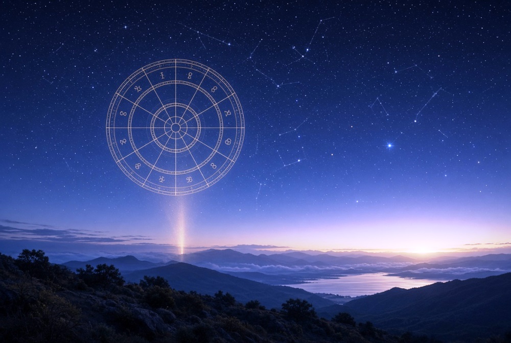 Doğum anındaki gökyüzünü temsil eden, klasik dairesel doğum haritası çizimi ile gece gökyüzünün birleştiği, yumuşak ışık ve yıldızlarla dolu gerçekçi astrolojik manzara