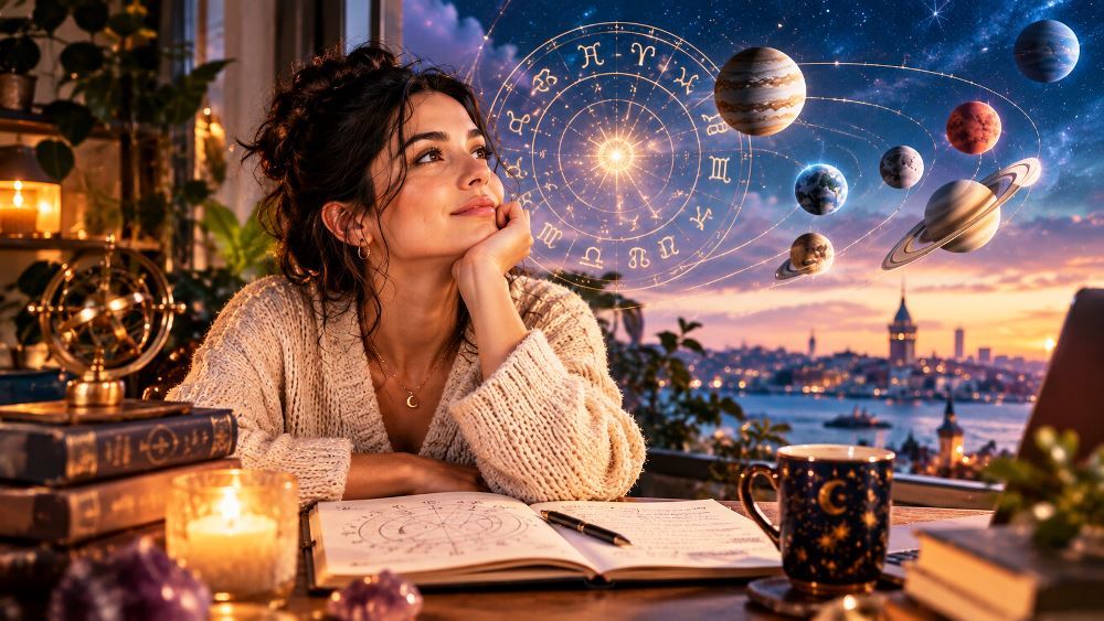 Doğum haritasında gezegenlerin dispozitör zincirini gösteren astroloji çalışma masası