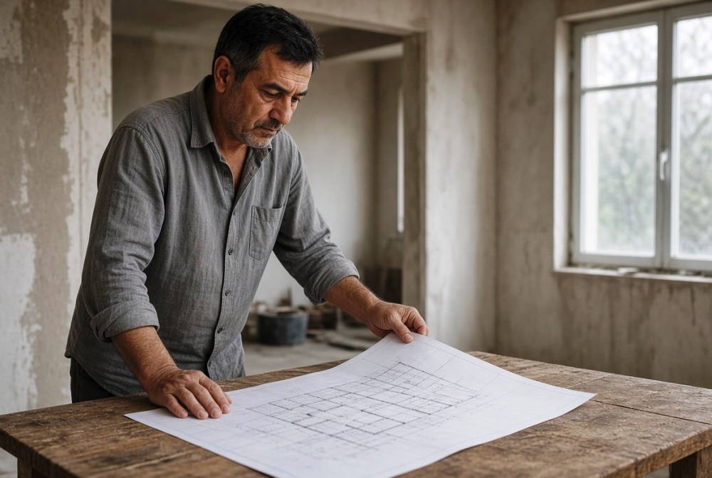 Satürn’ün evlerdeki yavaş inşa etkisini yansıtan sade bir çalışma anı: planlar ve sabırlı odak.
