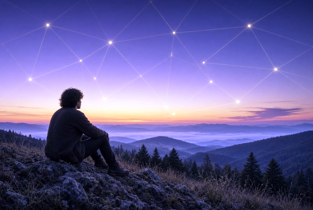 Dağlık doğada alacakaranlıkta oturan kişi, gökyüzünde trigon ve kare açıları çağrıştıran altın ışık çizgileriyle astroloji temalı manzara
